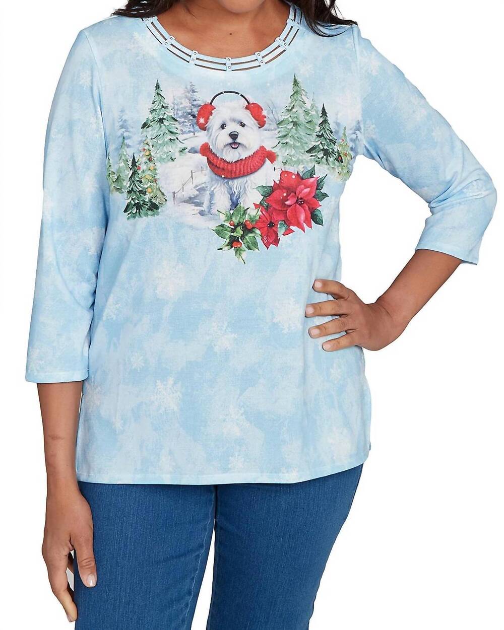 NEW ALFRED DUNNER dog with ear muffs tee - plus in light blue